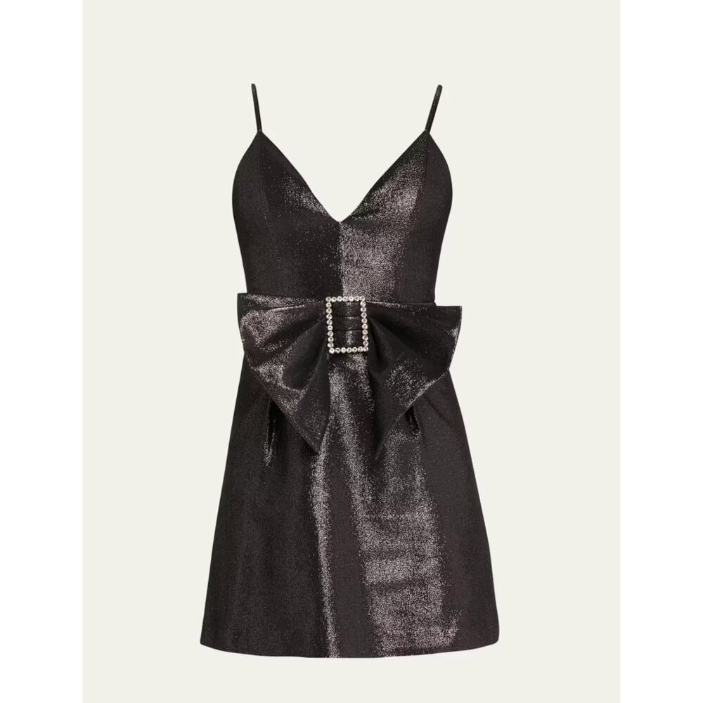 Ramy Brook Ana Metallic Mini Dress Womens 8 Black Shiny Big Bow Crystal $495 - Picture 2 of 8